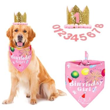 Imagem de ADOGGYGO Conjunto de chapéu bandana de cachorro para suprimentos de festa de aniversário, cachecol de aniversário para meninos e meninas para cães grandes e extragrandes (GG, rosa)