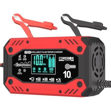 Imagem de Carregador de bateria de 10 amperes, 12 V/24 V, carregador inteligente de gotejamento para carro, carregador de bateria e carregador de bateria automotiva com compensação de temperatura para carro