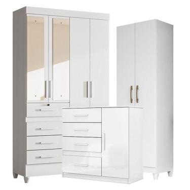 Imagem de Guarda Roupa Com Espelho Infantil Sobral Com Cômoda Vênus E Armário Multiuso New íris Branco Brilho – Moval