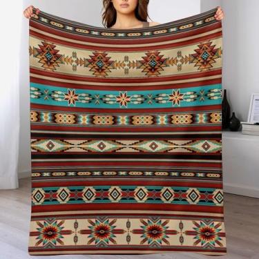 Imagem de Cobertor asteca ocidental, cobertores geométricos étnicos do sudoeste, tribal navajo boho padrão nativo americano flanela cobertor macio para sofá, cadeira, cama, decoração de viagem ao ar livre, 76