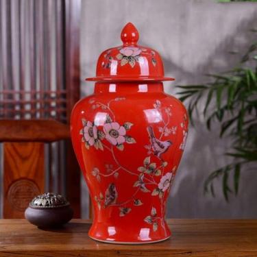 Imagem de AKALNNB Vaso de flores de cerâmica para decoração de casa, vaso de porcelana azul e branco chinês antigo tradicional para flores, vermelho