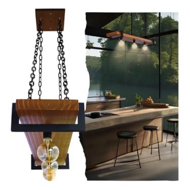 Imagem de Lustre Pendente Estilo Industrial em Madeira - Design Rústico Sofisticado para Decoração de Ambientes - Luminária de Teto 3 Lâmpadas com Correntes Antiferrugem