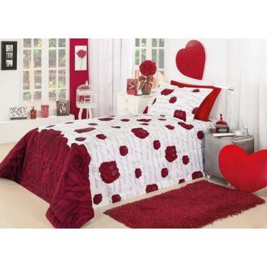 Imagem de Cobre Leito Solteiro Vermelho Rosas Algodao - Chrisney Bordados