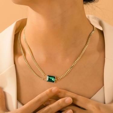 Imagem de Colares de ouro para mulheres, moderno, não manchado, banhado a ouro, quadrado, esmeralda, zircão, corrente ajustável, joia elegante e elegante, presente de aniversário para o dia das mães, 17.5+2.8