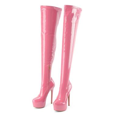 Imagem de Botas femininas até a coxa, acima do joelho, modernas, sexy, plataforma, salto alto, salto alto, patente, bico redondo, zíper, unissex, para festas, cosplay, botas altas, rosa, 37