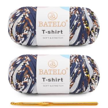 Imagem de BATELO Pacote com 2 fios de camiseta para iniciantes em crochê/cesta/porta-copos de 400 g/144 m de tecido elástico de poliéster grosso (azul floral)