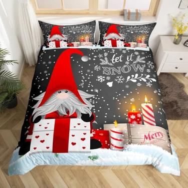Imagem de Erosebridal Conjunto de cama de Natal escandinavo com gnomos de Papai Noel e Natal escandinavo, conjuntos de cama para crianças, meninos, meninas, capa de colcha romântica à luz de velas, 3 peças tamanho Queen