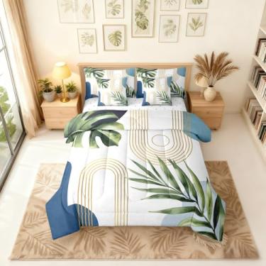 Imagem de Erosebridal Conjunto de cama King boêmio azul e verde, 7 peças, conjunto de edredom abstrato de meados do século com lençóis, boêmio, tropical, folha de palmeira, botânica, minimalista, geométrica