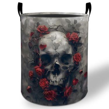 Imagem de Cesto de roupa suja rosa crânio, 50 x 40 cm, balde de armazenamento de roupas Oxford gótico, dobrável, impermeável, para quarto, banheiro, quarto, berçário, organizador de brinquedos, presentes para