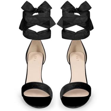 Imagem de Perphy Sandálias femininas de veludo com bico aberto no tornozelo e salto grosso, Preto, 36