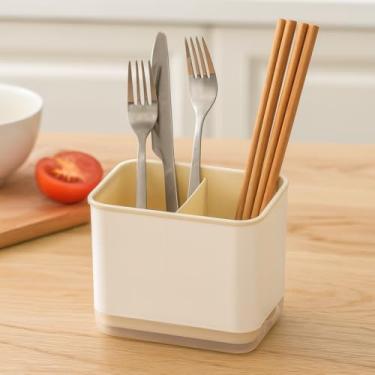 Imagem de Suporte para pauzinhos de drenagem sem perfuração – Organizador de utensílios suspensos com 3 compartimentos, rack multiuso ventilado para cozinha e casa (bege)