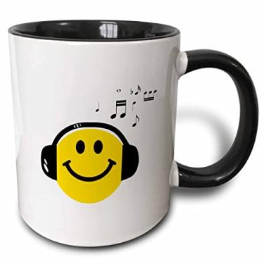 Imagem de 3dRose 3dRose Music Loving Yellow Smiley Face com fones de ouvido pretos e notas musicais - DJ feliz - Deejay - Caneca preta em dois tons, 325 ml, preto/branco
