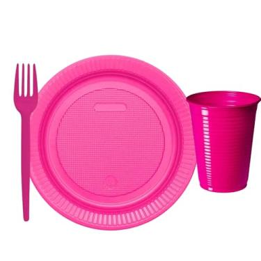 Imagem de Kit 300 Peças Descartáveis para Festa com 100 Copos 200ml + 100 Pratos 15cm + 100 Garfos 12cm | Ideal para Eventos, Aniversários, Churrascos e Refeições Coletivas (Pink)