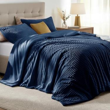 Imagem de Quataly Conjunto de edredom casal fofo com 3 peças – edredom macio e felpudo de pele sintética azul-marinho para o inverno, 1 edredom alternativo de luxo com 2 fronhas