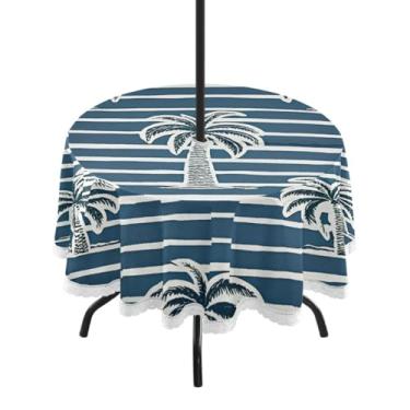 Imagem de Qilmy Toalha de mesa redonda impermeável com palmeira de 152 cm com orifício para guarda-chuva e zíper – uso externo / interno resistente para pátio, churrascos, piqueniques, festas (serve para mesas