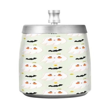 Imagem de Qilmy Cinzeiro de aço inoxidável com tampa para morcegos fantasmas fofos - Cinzeiro de cigarro à prova de vento sem cheiro sem fumaça para casa, escritório, carro, pátio, varanda (uso interno e