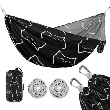 Imagem de JUZIHAI Rede de acampamento para gatos pretos, rede individual leve portátil com alças de árvore e mosquetões de alumínio, rede de viagem de 289 x 137 cm para caminhadas, mochilão na praia