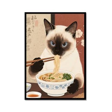 Imagem de Arte de parede em tela de gato preto engraçado vintage japonês gato comendo ramen imagem exclusiva para amantes de gatos para decoração de parede de cozinha e sala de jantar (SKU3,12 x 45,7 cm = (30 x