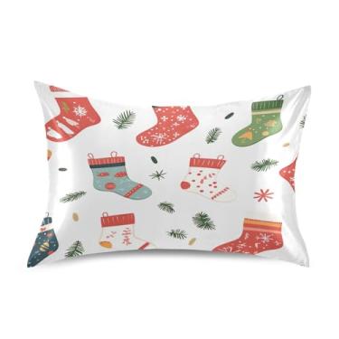 Imagem de Blueangle Fronha de cetim com meias de Natal para cabelo e pele, fronha de seda, tamanho Queen (50,8 x 76,2 cm) - Capas de almofada de cetim com fecho de envelope (435)