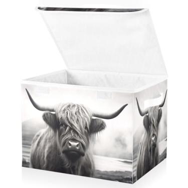 Imagem de Blueangle Cestos de armazenamento engraçados de vaca escocesa Highland com tampas, 42 x 32 x 30 cm, cesta organizadora grande dobrável para decoração de escritório e armário (459)