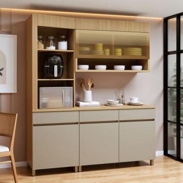 Imagem de Cozinha Completa Modulada 3 Peças 4 Portas 3 Gavetas Torre Angular 100% MDF Realeza Premium Carvalho/Greige