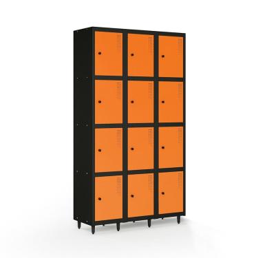 Imagem de Armário Locker Guarda-volume de Aço 12 Portas com Fecho para Cadeado Vestiário Academia Laranja/Preto