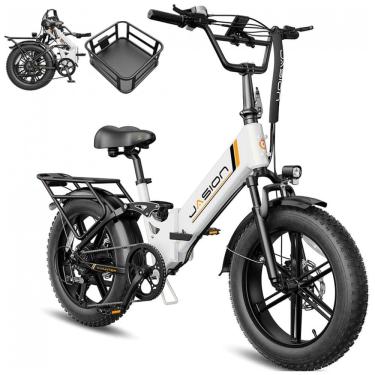 Imagem de Bicicleta elétrica dobrável Jasion X-Hunter ST branca com cesto pneus 20x4 motor 750W p...