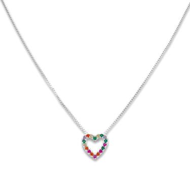 Imagem de Colar Coração Cravejado de Zirconia Colorida Banhado Prata