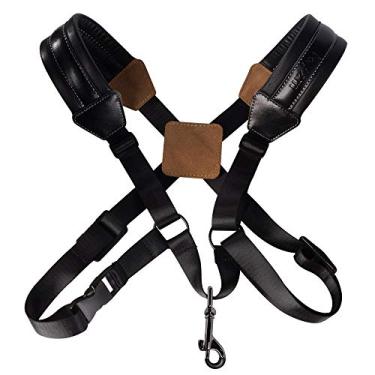 Imagem de Rayzm Alça de saxofone, alça universal de couro de ombro duplo para saxofone, alça acolchoada ajustável para saxofone barítono alto tenor (tamanho grande)