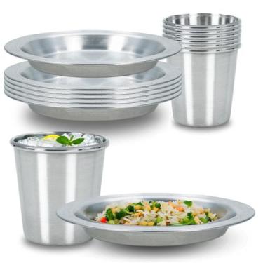 Imagem de Kit 6 Pratos e Copos de Alumínio Para Refeitório Merenda Escolar - Met