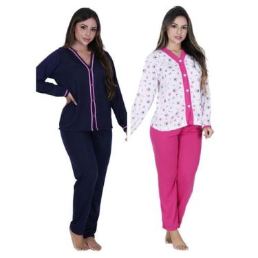 Imagem de Kit com 2 pijamas inverno liso e estampado cirurgia botão manga longa 