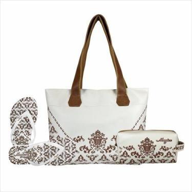 Imagem de Kit Casual Feminino Arabescos Com Bolsa Necessaire e Chinelo Bege Magi