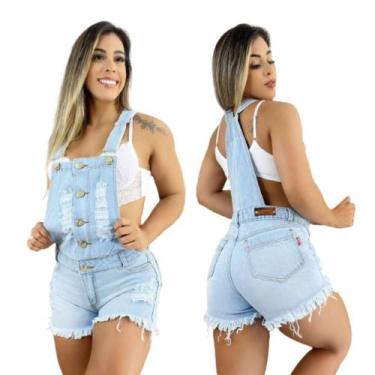 Imagem de Jardineira Macaquinho Feminina Jeans Cintura Alta Salopete Slin E Plus