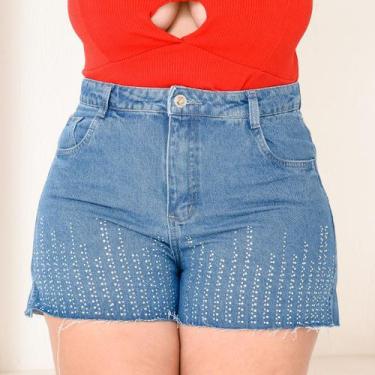 Imagem de Short Jeans Feminino Plus Size 100  Marmorizado Com Brilho Strass de R