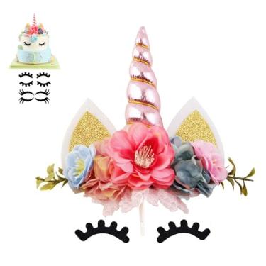 Imagem de Nishine Conjunto de cílios de topo de bolo de unicórnio floral cereja feito à mão para artigos de festa de aniversário (rosa)