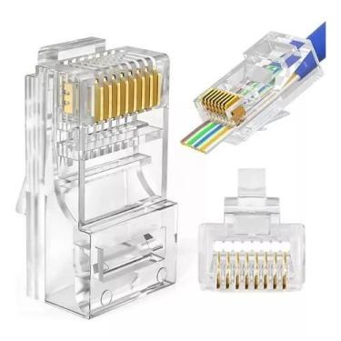 Imagem de Kit 100 Conector Rj45 De Passagem Ez Crimp Cat5e Ouro Vazado - Exbom