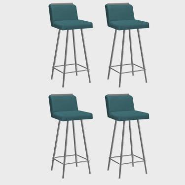 Imagem de Kit 04 Banquetas Com Encosto Menne Eiffel Bistrô Cozinha Aplique Ferro Cinza Suede Azul Turquesa - Ahz Móveis