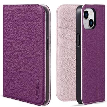 Imagem de VISOUL Capa de couro granulado para iPhone 14 Plus, carteira de couro real com suporte para cartão, capa flip magnética compatível com iPhone 14 Plus (6,7 polegadas) - roxo + roxo