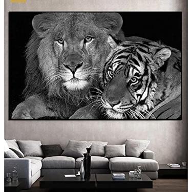Imagem de Impressão de arte em tela de animais. Vida selvagem de leão e tigre preto e branco. Pôster e impressão artística. Decoração de casa e escritório - 60 x 90 cm sem moldura