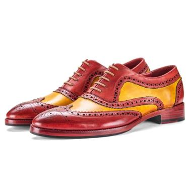 Imagem de Sapato social masculino Lethato Wingtip Brogue Oxford feito à mão de couro legítimo com cadarço, Tan & Red, 12.5-13