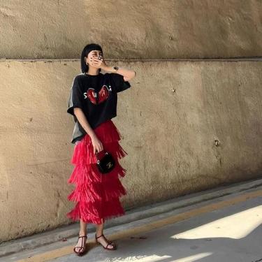 Imagem de Saia com 5 Camadas de Franjas - Vermelho, Preto e Rosa - Ideal para Pr