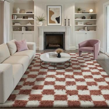 Imagem de PureCozy Tapete quadriculado 20 x 25 para sala de estar, rosa rosa, moderno, lavável, antiderrapante, tapete de área grande, super macio, tapete felpudo para quarto, casa, decoração estética
