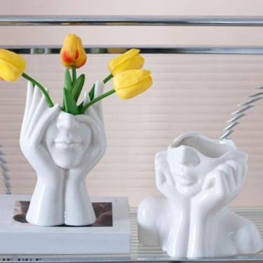 Imagem de Joynisy Conjunto de 2 vasos de cerâmica branca, vasos modernos de formato feminino, meio busto, para flores, vasos decorativos para decoração de mesa (rosto)