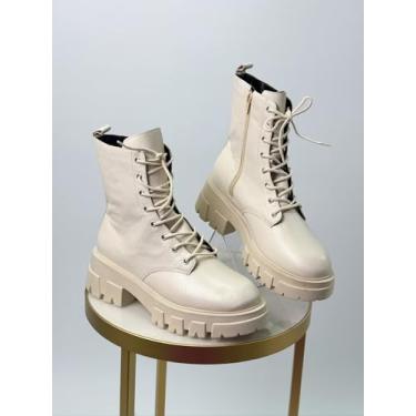 Imagem de Coturno Feminino em Couro, Cano Médio 12cm, Sola Tratorada, Cadarço, Plataforma 4.5cm, Preto e Bege (OFF WHITE, BR, Adulto, Numérico, 37)