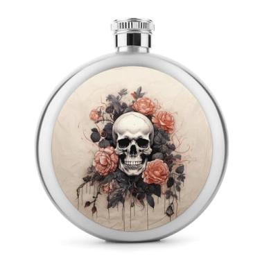 Imagem de Cantil de aço inoxidável, estampa de crânio e flores antigas frasco clássico de bolso cantil garrafa de viagem portátil frasco de metal