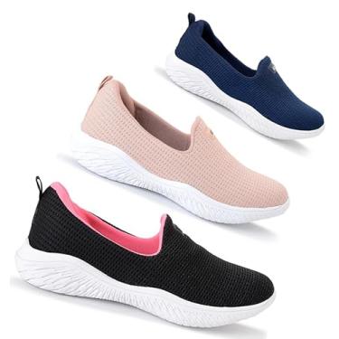 Imagem de Kit 3 Sapatilha Feminina Ortopédica Calce Fácil Sem Cadarço Leve Confortável (Preto Rosa/Nude/Marinho, BR, Adulto, Numérico, 38)