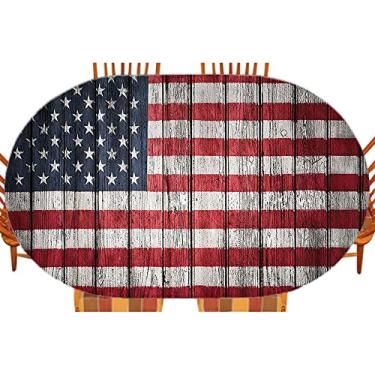 Imagem de Capa de mesa ajustada para decoração da bandeira dos EUA, Dia da Independência de 4 de julho e bandeira dos EUA pintada em padrão de prancha de madeira, toalha de mesa impermeável interna/externa,