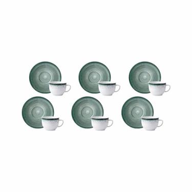 Imagem de Estojo com 6 Xícaras de Chá com Pires em Porcelana, Modelo Redondo Oca, Decoração Esfera Verde, Porcelana Schmidt