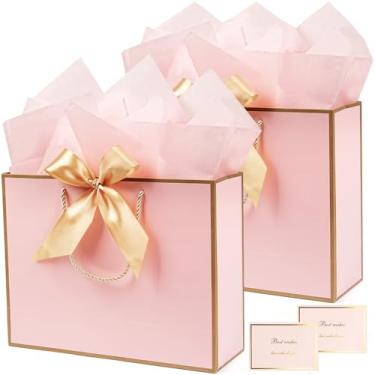 Imagem de Sacos de presente rosa de 33 cm, 2 peças de sacos de presente rosa claro com alças de fita de laço, conjunto de sacolas de presente grande com cartão de felicitações de papel de seda, bolsa de