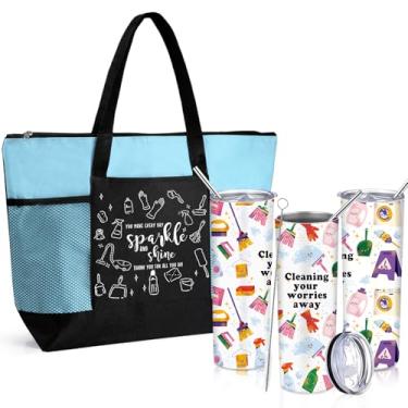 Imagem de Sieral Presentes de agradecimento da semana de limpeza de Natal para empregada doméstica equipe funcionário colega de trabalho copo inspirador de aço inoxidável com palha, tampa e escova 590 ml e